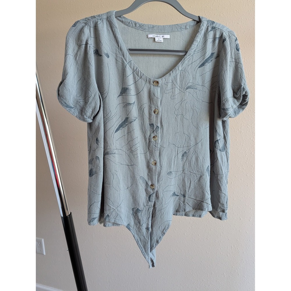 ONeill Womens Sage Green Floral Tie Front Button Down Viscose Blouse Small